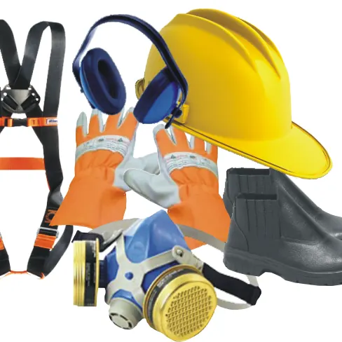 Hard hat, gloves, harness, safety boots, respirator and ear defenders