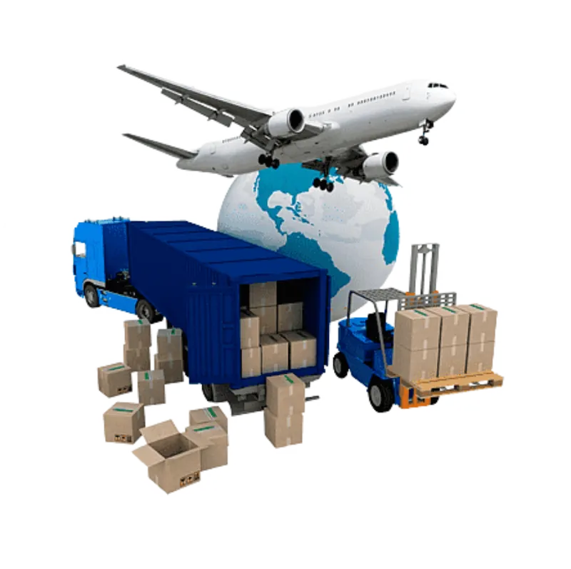 Truck, aircraft and forklift illustrating domestic and international transport